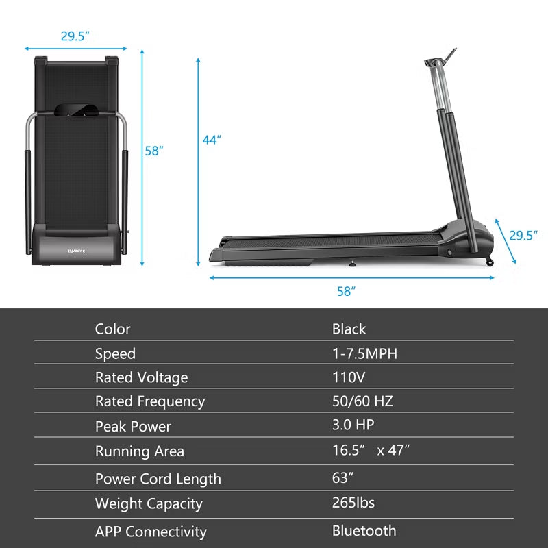 3HP Folding Treadmill Compact Walking Jogging Machine W/Touch Screen APP Control