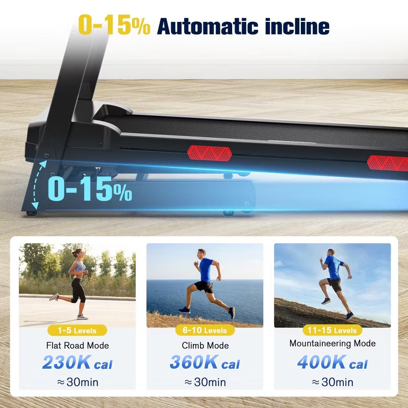 REDLIRO Foldable Treadmill, 15% Auto Incline, 350 lb Capacity, Bluetooth, Voice Control, Heart Rate Monitor, for Home & Officel