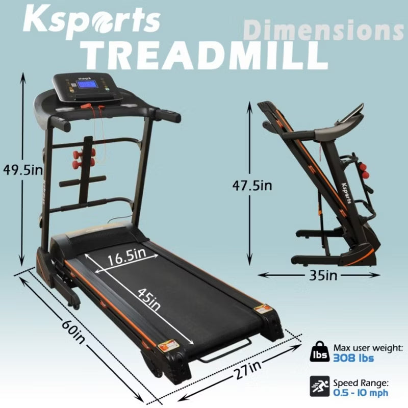 Ksports Multi-Functional Electric Treadmill Home Gym Cardio Strength Training Workout Set w/ Ab Mat, Sit-Up Strap, & Adjustable Incline