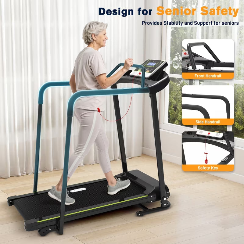 Redliro Senior Treadmill with Long Side Handrails, 300lbs Capacity, LED Display & Heart Rate Sensor, Safe Walking Treadmill for Elderly