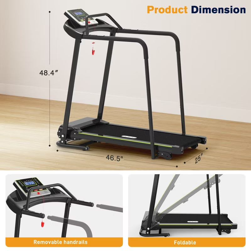 Redliro Senior Treadmill with Long Side Handrails, 300lbs Capacity, LED Display & Heart Rate Sensor, Safe Walking Treadmill for Elderly