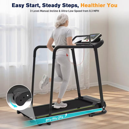 Redliro Senior Treadmill with Long Side Handrails, 300lbs Capacity, LED Display & Heart Rate Sensor, Safe Walking Treadmill for Elderly