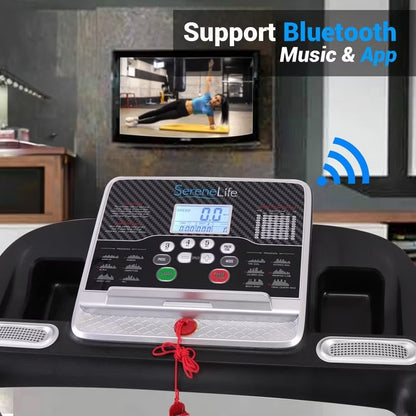 SereneLife Folding Treadmill - 1.0 HP Motorized Running Machine with 12 Pre-set Programs, Bluetooth Music, and App Support
