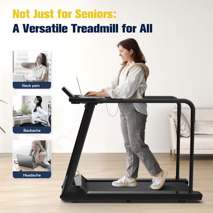 REDLIRO Walking Treadmill for Seniors with Long Handrails 300 lbs Capacity Recovery Fitness Exercise Machine Heart Rate Sensor with Desk & Cup Holder