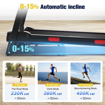 REDLIRO Foldable Treadmill, 15% Auto Incline, 350 lb Capacity, Bluetooth, Voice Control, Heart Rate Monitor, for Home & Officel