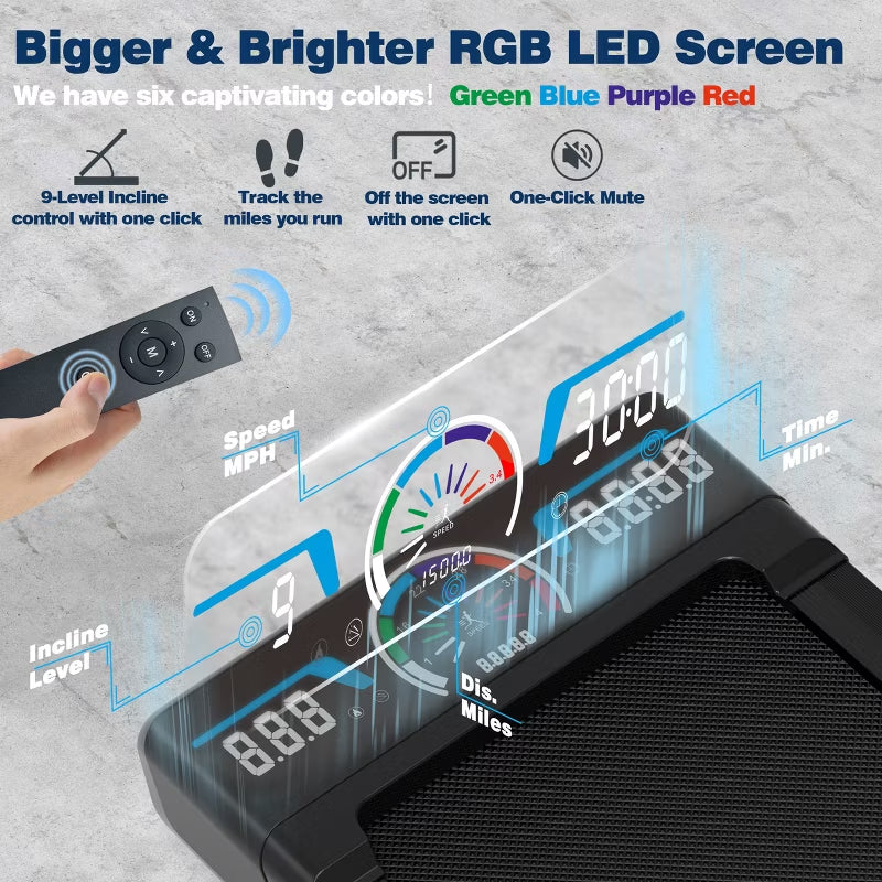 TRAILVIBER Walking Pad Treadmill with 12% 9-Level Auto Incline, 450 lbs Capacity and RGB LED Screen Under Desk Treadmill for Home Small/Office